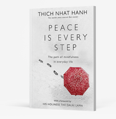 Book cover of Peace Is Every Step by Thich Nhat Hanh, featuring a red leaf and mindfulness footsteps.